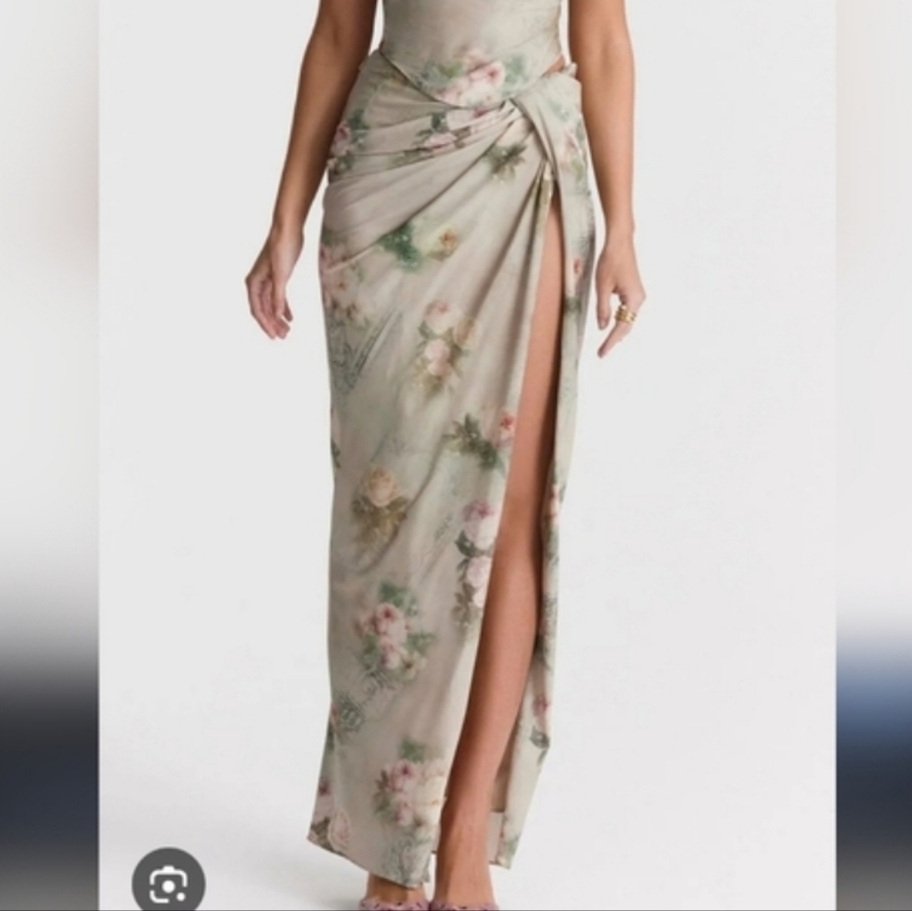 House Of Cb Vesper Skirt Floral Print Sage Maxi Skirt Slit M MED